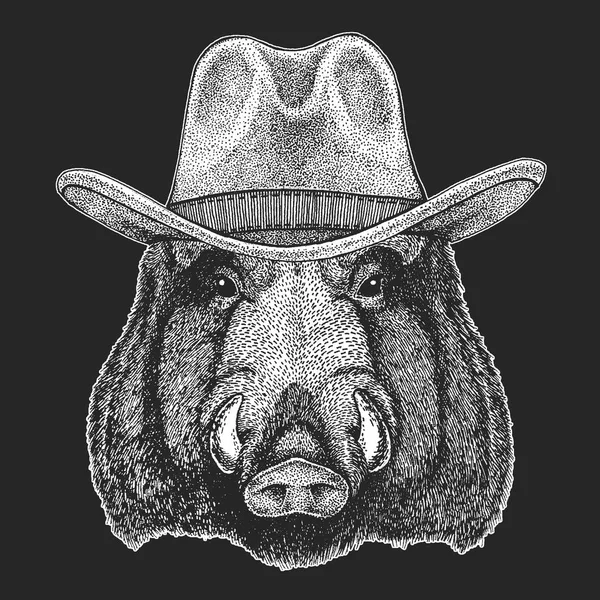 Aper, Dzik, świnia, Dzik. Dziki zachód. Tradycyjne amerykańskie kowbojski kapelusz. Texas rodeo. Drukuj dla dzieci, dla dzieci t-shirt. Obraz logo, patch, godło, odznaka. — Wektor stockowy