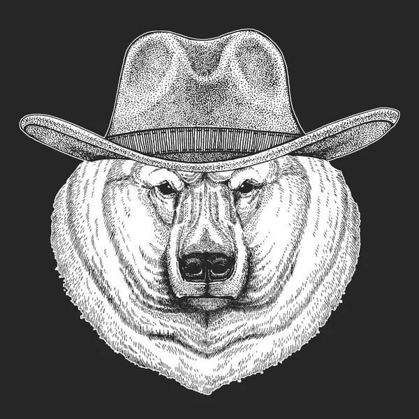 Bear, polar bear. Wild west. Traditional american cowboy hat. Texas rodeo. Print for children, kids t-shirt. Image for emblem, badge, logo, patch. — Stock Vector