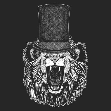 Aslan silindir şapka, silindir. Hipster hayvan, beyefendi. Klasik headdress. Çocuklar için yazdırma t-shirt, Çocuk giyim.