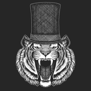 Kaplan. Silindir şapka, silindir. Hipster hayvan, beyefendi. Klasik headdress. Çocuklar için yazdırma t-shirt, Çocuk giyim.