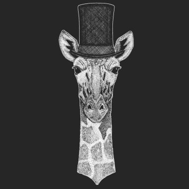 Camelopard, zürafa silindir şapka, silindir. Hipster hayvan, beyefendi. Klasik headdress. Çocuklar için yazdırma t-shirt, Çocuk giyim.