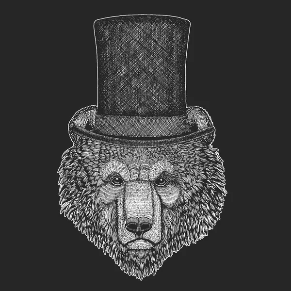 Silindir şapkalı, ayı silindir. Hipster hayvan, beyefendi. Klasik headdress. Çocuklar için yazdırma t-shirt, Çocuk giyim.