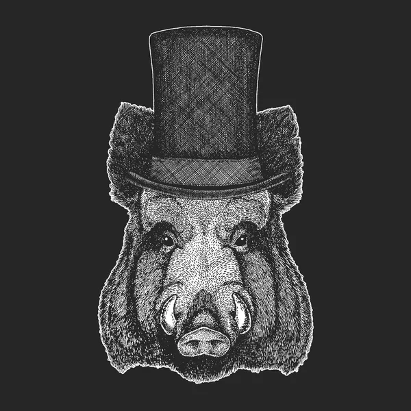 Aper, javali, porco, javali selvagem Chapéu superior, cilindro. Um animal hipster, cavalheiro. Cobertura para a cabeça clássica. Impressão para crianças t-shirt, roupas para crianças . — Vetor de Stock