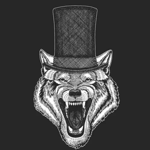 Wolf, hond. Hoge hoed, cilinder. Hipster dier, gentleman. Klassieke hoofdtooi. Print voor kinderen t-shirt, kids kleding. — Stockvector