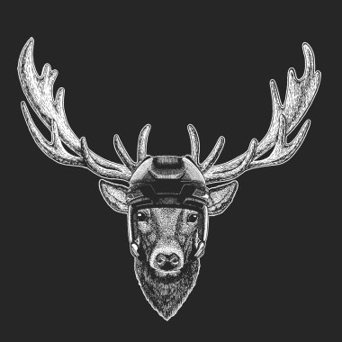 Geyik vahşi hayvan giyen hokey kask. T-shirt tasarımı için yazdırma.