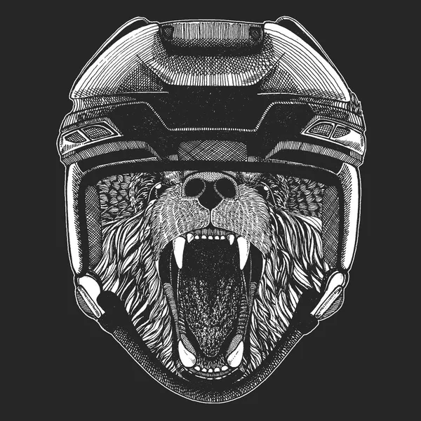 Dzikie zwierzęta noszenie hełm hokej. Drukuj do projektowania t-shirt. — Wektor stockowy