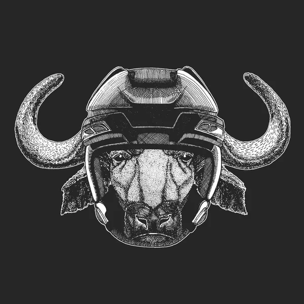 Buffalo, bull, ox vilda djur bär hockey hjälm. Skriv ut för t-shirt design. — Stock vektor