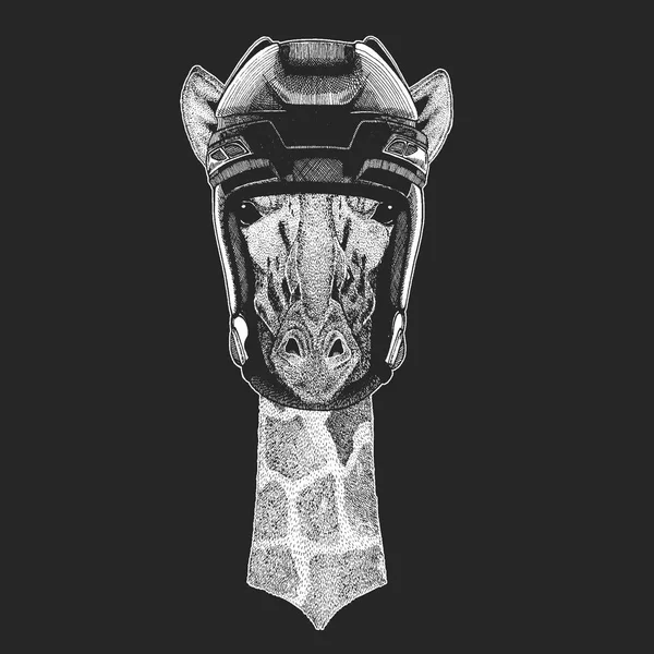 Камелопард, жираф Дикое животное в хоккейном шлеме. Печать для дизайна футболки . — стоковый вектор