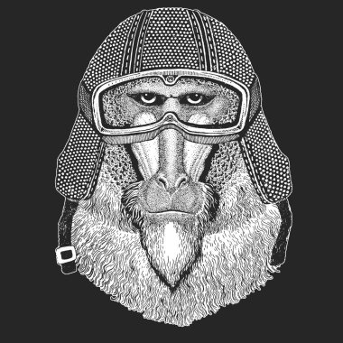 Maymun, maymun, köpek-maymun, maymun. Vintage motosiklet hemlet. Retro tarzı illüstrasyon ile hayvan motorcu çocuk, Çocuk giyim, t-shirtler. Moda serin karakteri ile yazdırma. Hız ve özgürlük.