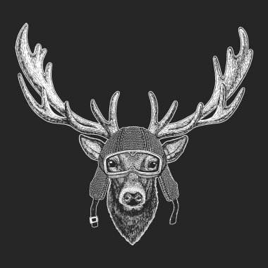 Geyik. Vintage motosiklet hemlet. Retro tarzı illüstrasyon ile hayvan motorcu çocuk, Çocuk giyim, t-shirtler. Moda serin karakteri ile yazdırma. Hız ve özgürlük.