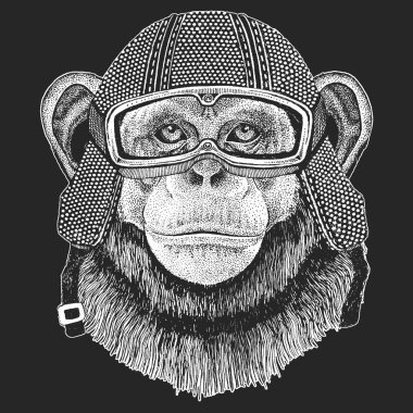 Şempanze, maymun. Vintage motosiklet hemlet. Retro tarzı illüstrasyon ile hayvan motorcu çocuk, Çocuk giyim, t-shirtler. Moda serin karakteri ile yazdırma. Hız ve özgürlük.