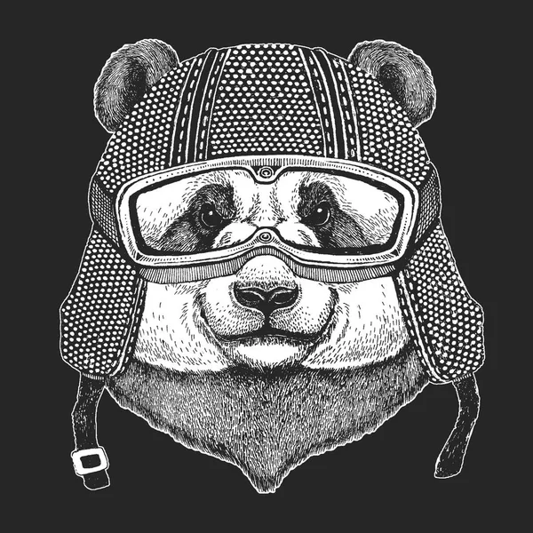 대나무 곰입니다. 팬더입니다. 빈티지 오토바이 hemlet. 어린이 위한 동물 바이 커와 레트로 스타일 그림 아이 의류, t-셔츠. 멋진 문자 인쇄 패션입니다. 속도 자유. — 스톡 벡터