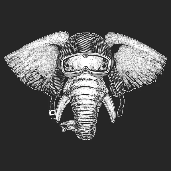 Elefant. Oldtimer-Motorradhemlet. Illustration im Retro-Stil mit Tierbiker für Kinder, Kinderbekleidung, T-Shirts. Mode-Print mit coolem Charakter. Geschwindigkeit und Freiheit. — Stockvektor