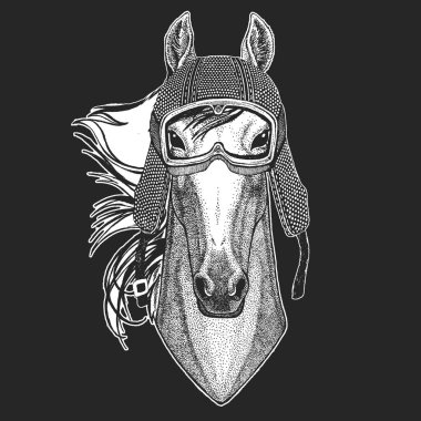 Vintage motosiklet hemlet. Retro tarzı illüstrasyon ile hayvan motorcu çocuk, Çocuk giyim, t-shirtler. Moda serin karakteri ile yazdırma. Hız ve özgürlük.