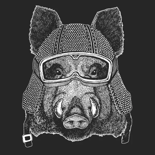 Wildschweine, Wildschweine, Wildschweine. Oldtimer-Motorradhemlet. Illustration im Retro-Stil mit Tierbiker für Kinder, Kinderbekleidung, T-Shirts. Mode-Print mit coolem Charakter. Geschwindigkeit und Freiheit. — Stockvektor