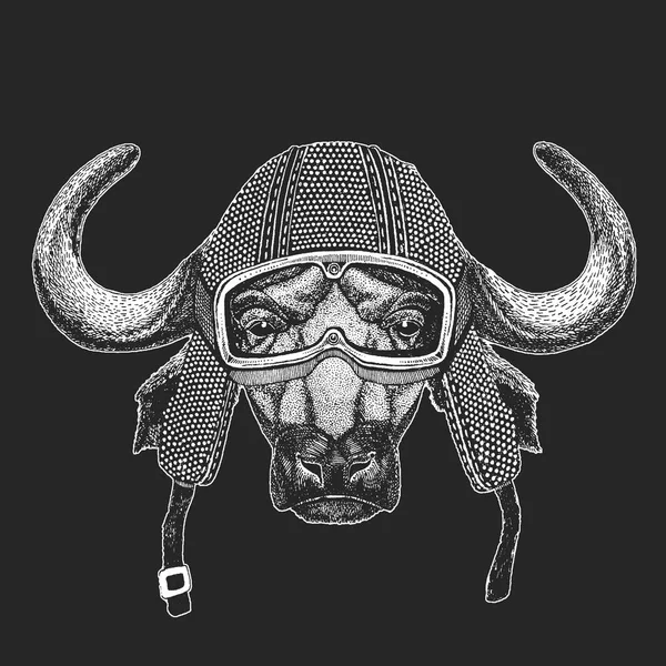 Buffalo, bull, ox. Vintage motorcycle hemlet. Retro style illustration with animal biker for children, kids clothing, t-shirts. Fashion print with cool character. Speed and freedom. — Stock Vector
