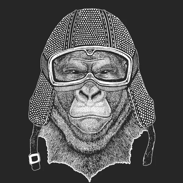 Gorilla, a majom majom. Vintage motorkerékpár hemlet. Retro stílusú illusztráció állati motoros gyerekeknek, gyerek ruházat, pólók. Divat nyomtatási cool karakter. Sebesség és a szabadság. — Stock Vector