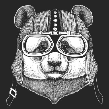 Bambu ayı. Panda. Vintage motosiklet hemlet. Retro tarzı illüstrasyon ile hayvan motorcu çocuk, Çocuk giyim, t-shirtler. Moda serin karakteri ile yazdırma. Hız ve özgürlük.