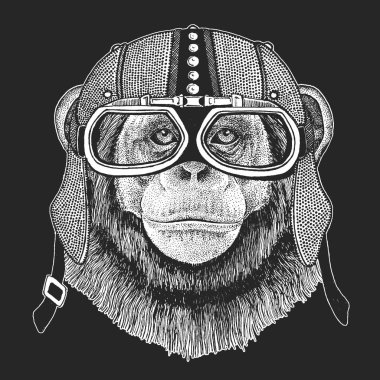 Şempanze, maymun Vintage motosiklet hemlet. Retro tarzı illüstrasyon ile hayvan motorcu çocuk, Çocuk giyim, t-shirtler. Moda serin karakteri ile yazdırma. Hız ve özgürlük.