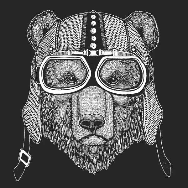 Oso pardo. Dobladillo moto vintage. Ilustración de estilo retro con motorista animal para niños, ropa para niños, camisetas. Estampado de moda con carácter cool. Velocidad y libertad . — Archivo Imágenes Vectoriales