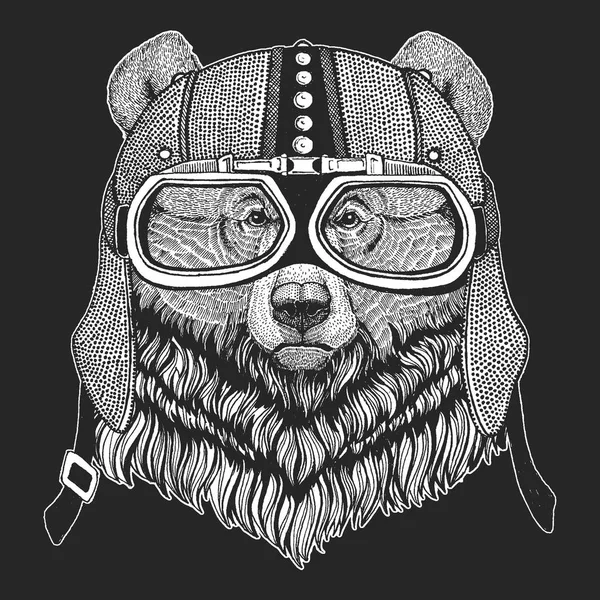 Urso Grizzly. Hemlet de motocicleta vintage. Ilustração estilo retro com motociclista animal para crianças, roupas infantis, camisetas. Impressão de moda com caráter legal. Velocidade e liberdade . — Vetor de Stock