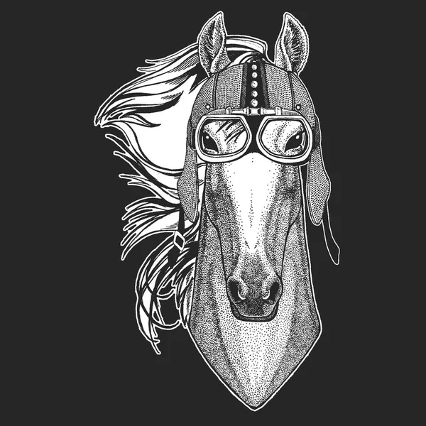 Caballo, caballo, caballo, caballo, caballo, caballo. Dobladillo moto vintage. Ilustración de estilo retro con motorista animal para niños, ropa para niños, camisetas. Estampado de moda con carácter cool. Velocidad y libertad . — Archivo Imágenes Vectoriales