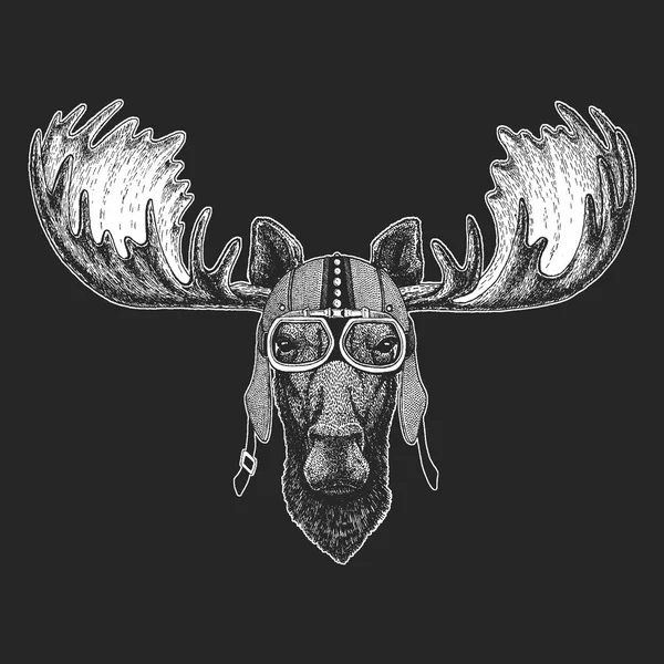 Älg, älg Vintage motorcykel hemlet. Retro stil illustration med animaliskt biker för barn, barnkläder, t-shirts. Mode med cool karaktär. Fart och frihet. — Stock vektor