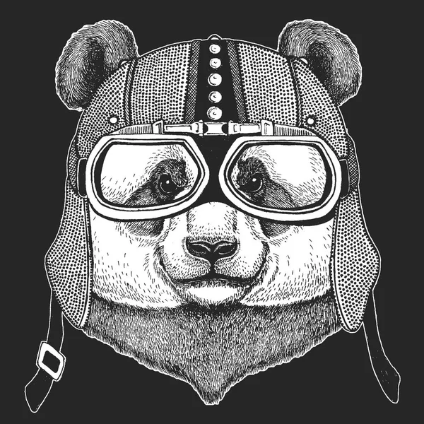 Urso de bambu. Panda. Hemlet de motocicleta vintage. Ilustração estilo retro com motociclista animal para crianças, roupas infantis, camisetas. Impressão de moda com caráter legal. Velocidade e liberdade . — Vetor de Stock