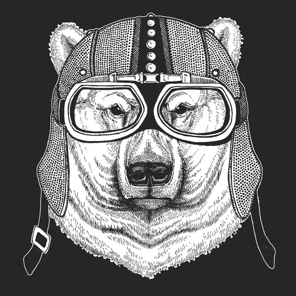 Orso, orso polare. Vintage motociclo emlet. Illustrazione in stile retrò con motociclista animale per bambini, abbigliamento per bambini, t-shirt. Stampa di moda con carattere cool. Velocità e libertà . — Vettoriale Stock