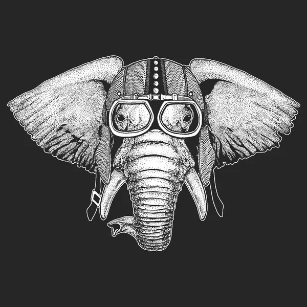 Elefante Vintage motocicleta hemlet. Ilustración de estilo retro con motorista animal para niños, ropa para niños, camisetas. Estampado de moda con carácter cool. Velocidad y libertad . — Archivo Imágenes Vectoriales