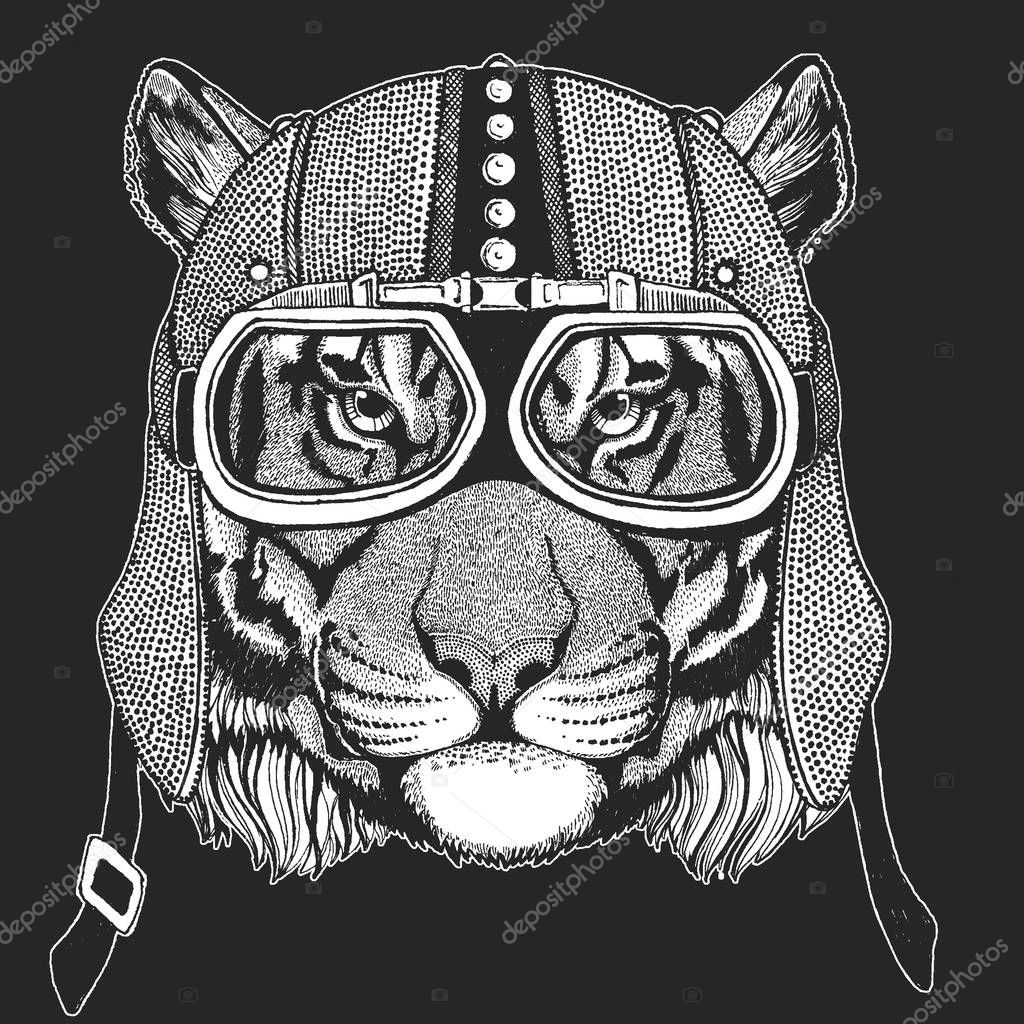 Vintage motorcycle hemlet. Retro style illustration with animal biker for children, kids clothing, t-shirts. Fashion print with cool character. Speed and freedom.