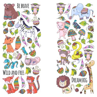 Desen şirin orman ve orman hayvanları ile. Fox, kaplan, aslan, zebra, ayı, kuş, papağan, yılan, sincap, fil, maymun, baykuş. Küçük anaokulu çocukları için kabile boho vahşi ve ücretsiz simgeler