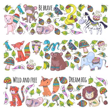 Desen şirin orman ve orman hayvanları ile. Fox, kaplan, aslan, zebra, ayı, kuş, papağan, yılan, sincap, fil, maymun, baykuş. Küçük anaokulu çocukları için kabile boho vahşi ve ücretsiz simgeler