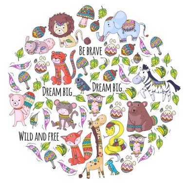 Desen şirin orman ve orman hayvanları ile. Fox, kaplan, aslan, zebra, ayı, kuş, papağan, yılan, sincap, fil, maymun, baykuş. Küçük anaokulu çocukları için kabile boho vahşi ve ücretsiz simgeler