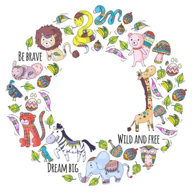 Desen şirin orman ve orman hayvanları ile. Fox, kaplan, aslan, zebra, ayı, kuş, papağan, yılan, sincap, fil, maymun, baykuş. Küçük anaokulu çocukları için kabile boho vahşi ve ücretsiz simgeler