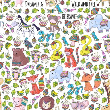 Desen şirin orman ve orman hayvanları ile. Fox, kaplan, aslan, zebra, ayı, kuş, papağan, yılan, sincap, fil, maymun, baykuş. Küçük anaokulu çocukları için kabile boho vahşi ve ücretsiz simgeler