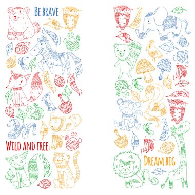 Desen şirin orman ve orman hayvanları ile. Fox, kaplan, aslan, zebra, ayı, kuş, papağan, yılan, sincap, fil, maymun, baykuş. Küçük anaokulu çocukları için kabile boho vahşi ve ücretsiz simgeler