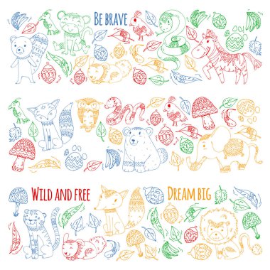 Desen şirin orman ve orman hayvanları ile. Fox, kaplan, aslan, zebra, ayı, kuş, papağan, yılan, sincap, fil, maymun, baykuş. Küçük anaokulu çocukları için kabile boho vahşi ve ücretsiz simgeler