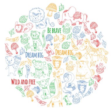 Desen şirin orman ve orman hayvanları ile. Fox, kaplan, aslan, zebra, ayı, kuş, papağan, yılan, sincap, fil, maymun, baykuş. Küçük anaokulu çocukları için kabile boho vahşi ve ücretsiz simgeler