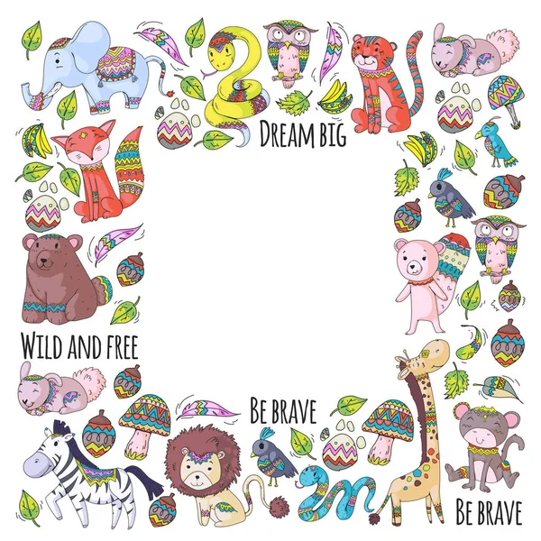 Desen şirin orman ve orman hayvanları ile. Fox, kaplan, aslan, zebra, ayı, kuş, papağan, yılan, sincap, fil, maymun, baykuş. Küçük anaokulu çocukları için kabile boho vahşi ve ücretsiz simgeler