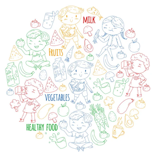 Healthy food for children. Kindergarten, school kids eating watermelon, eggplant, fish, tomato, avocado, milk, carrot, mushrooms. Fruits and vegetables. Vector pattern. — Stock Illustration Healthy food for children. Kindergarten, school kids eating watermelon, eggplant, fish, tomato, avocado, milk, carrot, mushrooms. Fruits and vegetables. Vector pattern. Royalty Free Stock Illustrations