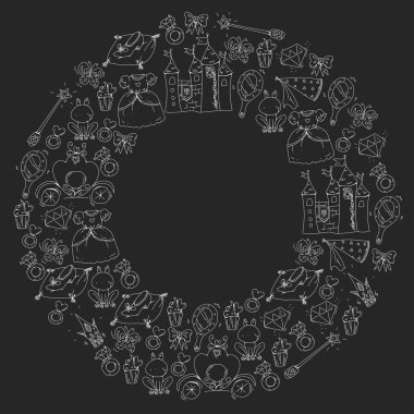 Prenses vektör desen. Tek boynuzlu at ve ejderha ile şirin küçük prenses. Castle için küçük kız, elbise, sihirli değnek. Peri masalı kutsal kişilerin resmi ile taç ve kurbağa. Fantezi illüstrasyon