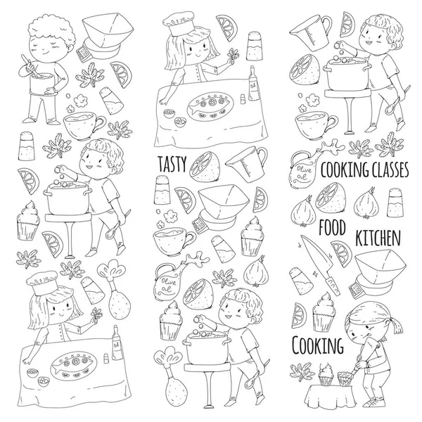 Coloriage pour livre. Ustensiles de cuisine. Cours de cuisine, cours pour enfants et parents. Modèle vectoriel . — Image vectorielle