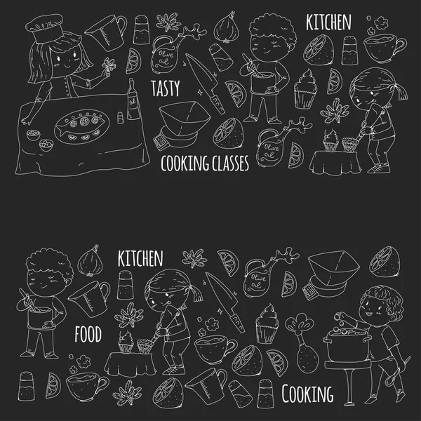 Bannières de cours de cuisine, cours pour les enfants de la maternelle. Ustensiles de cuisine, ustensiles de cuisine. Modèle vectoriel avec icônes doodle . — Image vectorielle