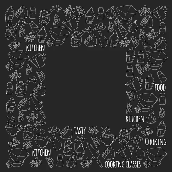 Bannières de cours de cuisine, cours pour les enfants de la maternelle. Ustensiles de cuisine, ustensiles de cuisine. Modèle vectoriel avec icônes doodle . — Image vectorielle