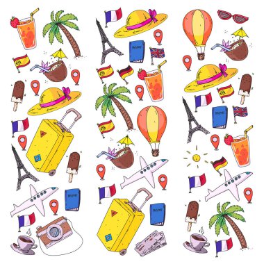 Vektör desen ile seyahat kutsal kişilerin resmi. Seyahat ve macera için hazır olsun. Büyük tatil tatil. Sıcak hava balonu, bavul, uçak.
