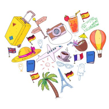 Vektör desen ile seyahat kutsal kişilerin resmi. Seyahat ve macera için hazır olsun. Büyük tatil tatil. Sıcak hava balonu, bavul, uçak.