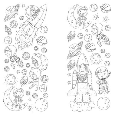 Alan çocuklar için. Boyama sayfası, kitap. Çocuklar ve cosmos keşif. Macera, gezegenler, yıldızlar. Dünya ve ay. Roket, Servisi, Güneş.