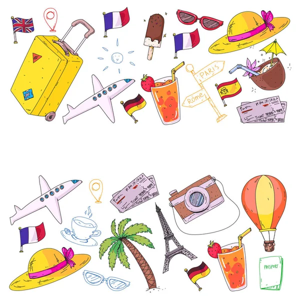 Patrón vectorial con iconos de viaje. Prepárate para aventuras y viajes. Grandes vacaciones, vacaciones. Globo de aire caliente, maleta, avión . — Vector de stock