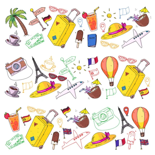 Patrón vectorial con iconos de viaje. Prepárate para aventuras y viajes. Grandes vacaciones, vacaciones. Globo de aire caliente, maleta, avión . — Vector de stock